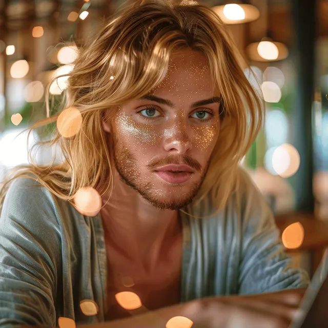 Blonde woman with gold glitter on her face posing in a warm studio with soft bokeh lights.