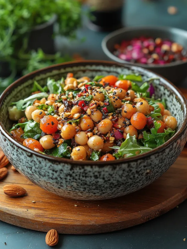 Warm buckwheat salad with beetroot, chickpeas, herbs, and hazelnuts in a rustic bowl.