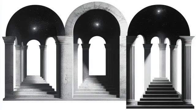 Three stone staircases with pillars stand beneath starry domes, lit by vertical shafts of light in a dark corridor.