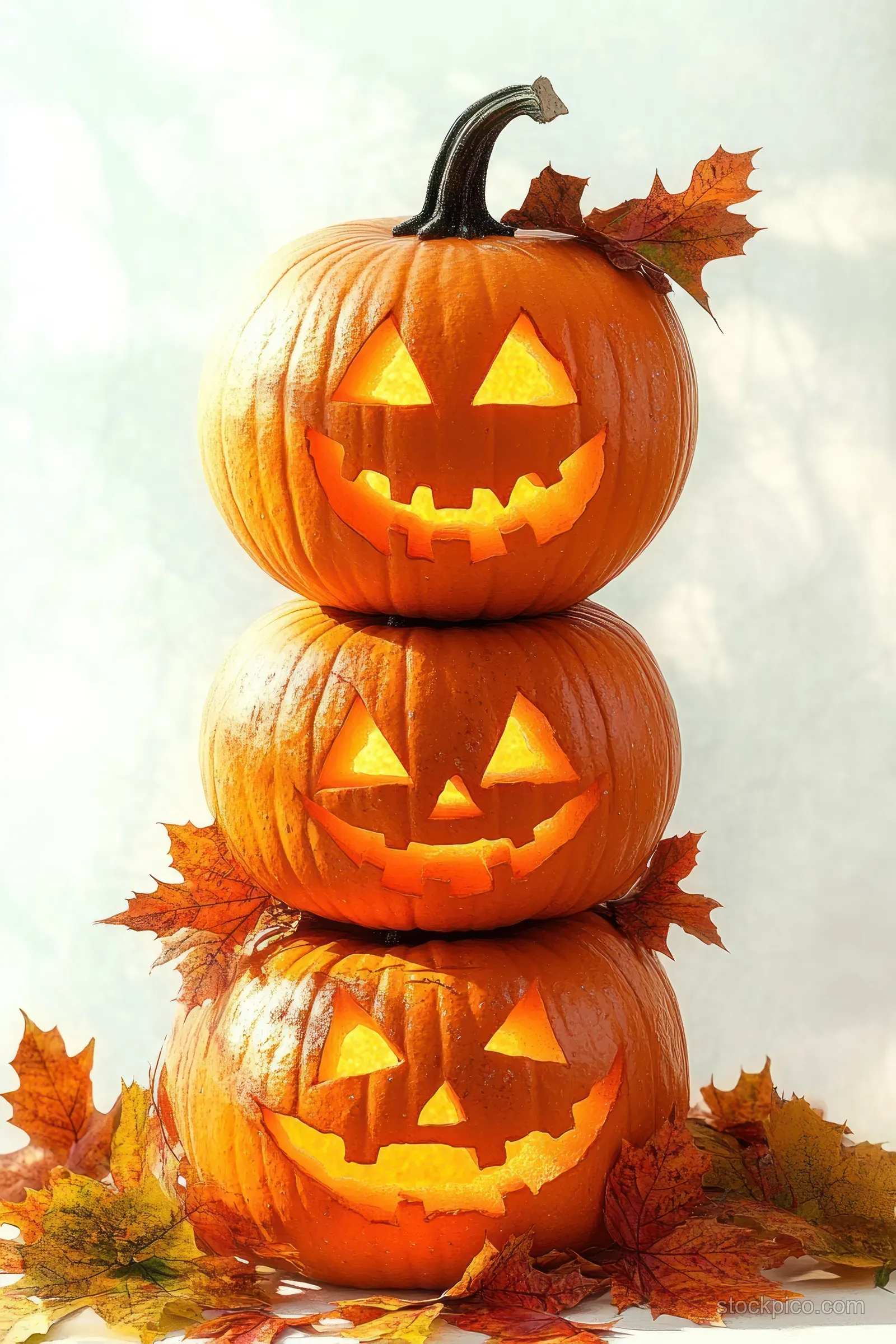 Three stacked jack-o’-lantern pumpkins with glowing carved faces sit on autumn leaves.