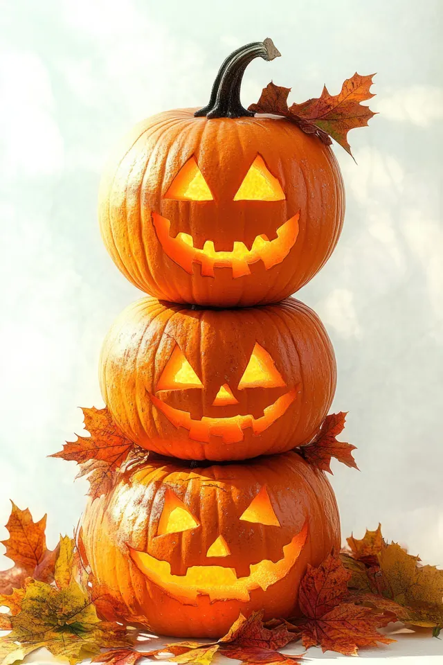 Stacked jack-o’-lantern pumpkins with playful faces among autumn leaves and warm glow