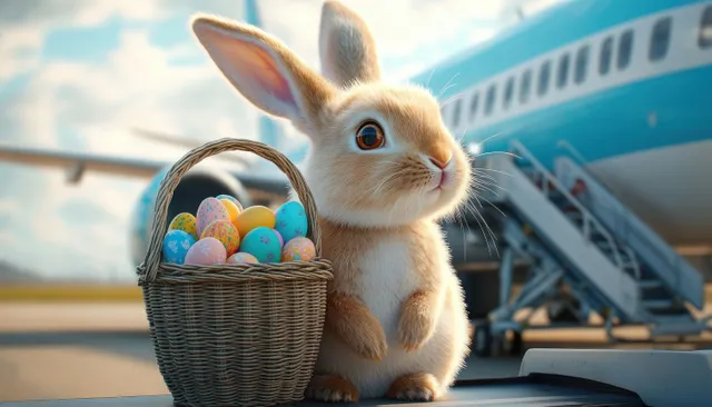 Fluffy bunny holding a basket of decorated Easter eggs beside an airplane runway