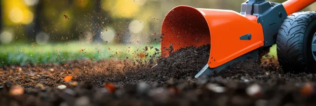 Orange soil tiller blades churn dark earth in a sunlit garden bed