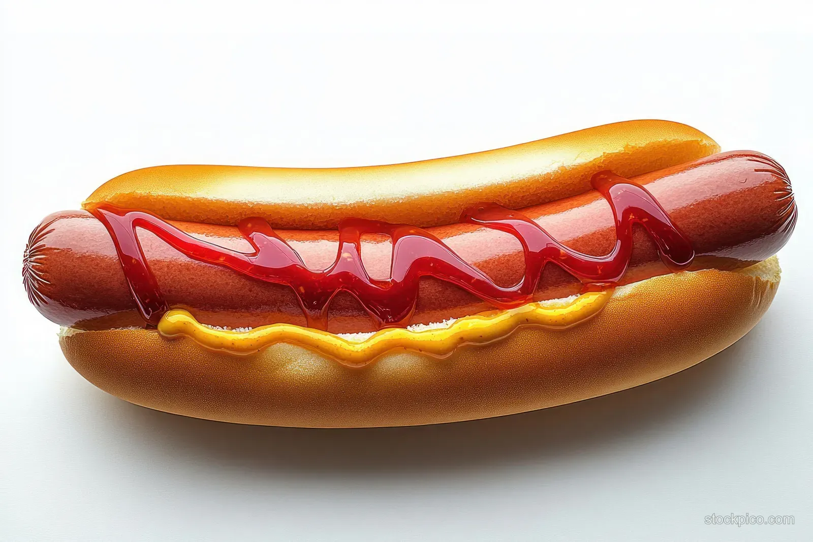 Hot dog bun with frankfurter, dripping ketchup and mustard, isolated on a white background.