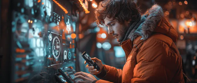 A person holds a smartphone displaying an authentication code amid glowing cybersecurity icons and a protective shield.