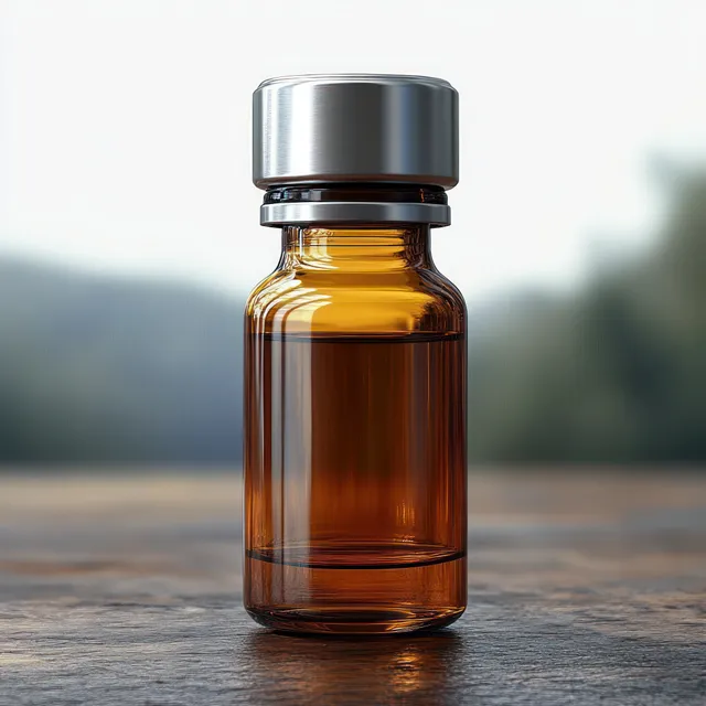 Amber glass medicine vial with a silver screw cap on a reflective surface against a blurred outdoor background.