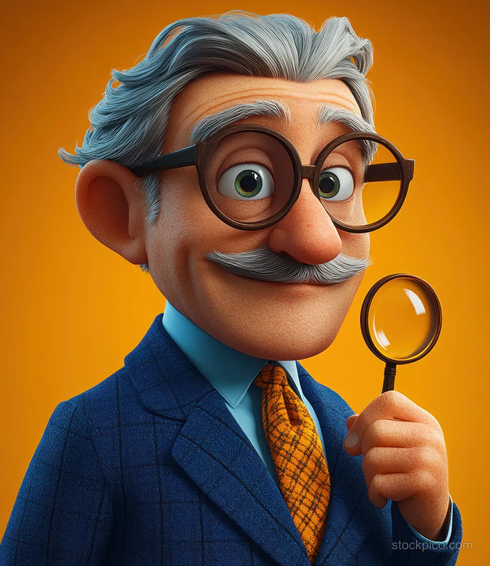 Cartoon businessman in a blue suit examining banknotes with a magnifying glass against an orange background.