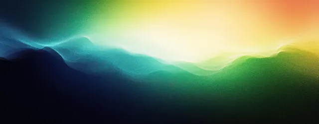 Glowing abstract gradient landscape with deep blue shadows and bright green luminous haze