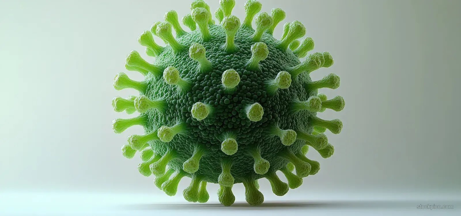 A green 3D coronavirus particle with crown-like spikes is centered on a white background.