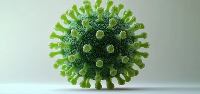 3D coronavirus particle floating on white background with green spikes and glowing details