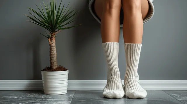 Woman Standing in White Cotton Socks Beside Potted Plant on Gray Wall