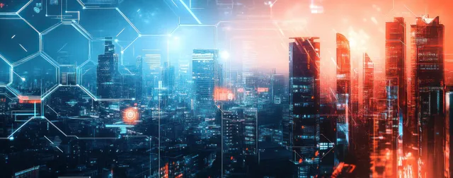 Dusk skyline of illuminated skyscrapers overlaid with glowing blue hexagons and circuit lines.