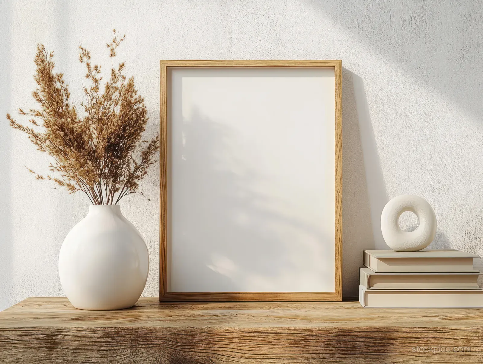 Blank wooden picture frame, dried flowers in a white vase, and stacked books on a wooden shelf against a light wall.