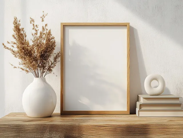 Blank wooden picture frame, dried flowers in a white vase, and stacked books on a wooden shelf against a light wall.