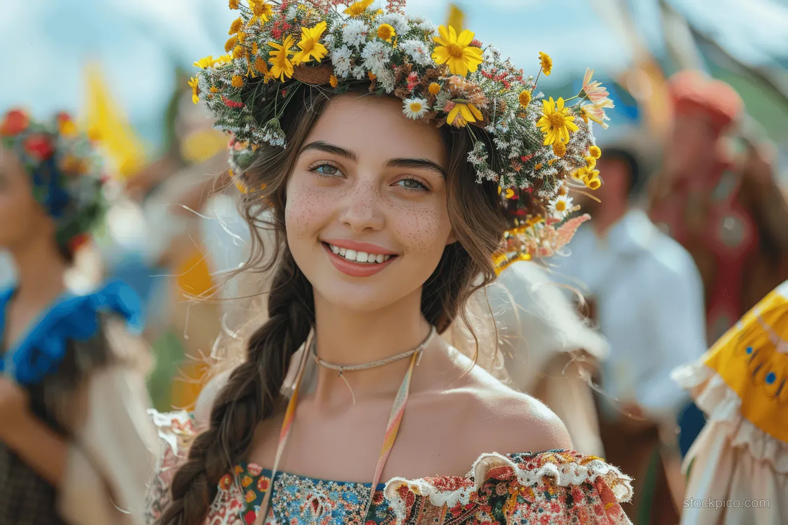Smiling Ukrainian woman in embroidered dress and floral wreath at an outdoor festival with a crowd blurred behind.