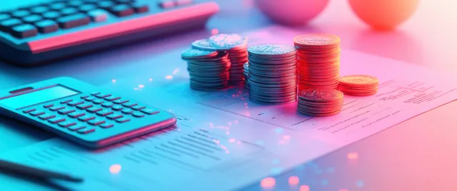 3D coins stacked beside tax calculator on document form with glowing pink light