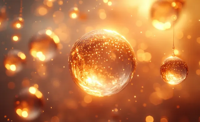 Golden molecules glowing inside translucent droplets with soft bokeh particle reflections