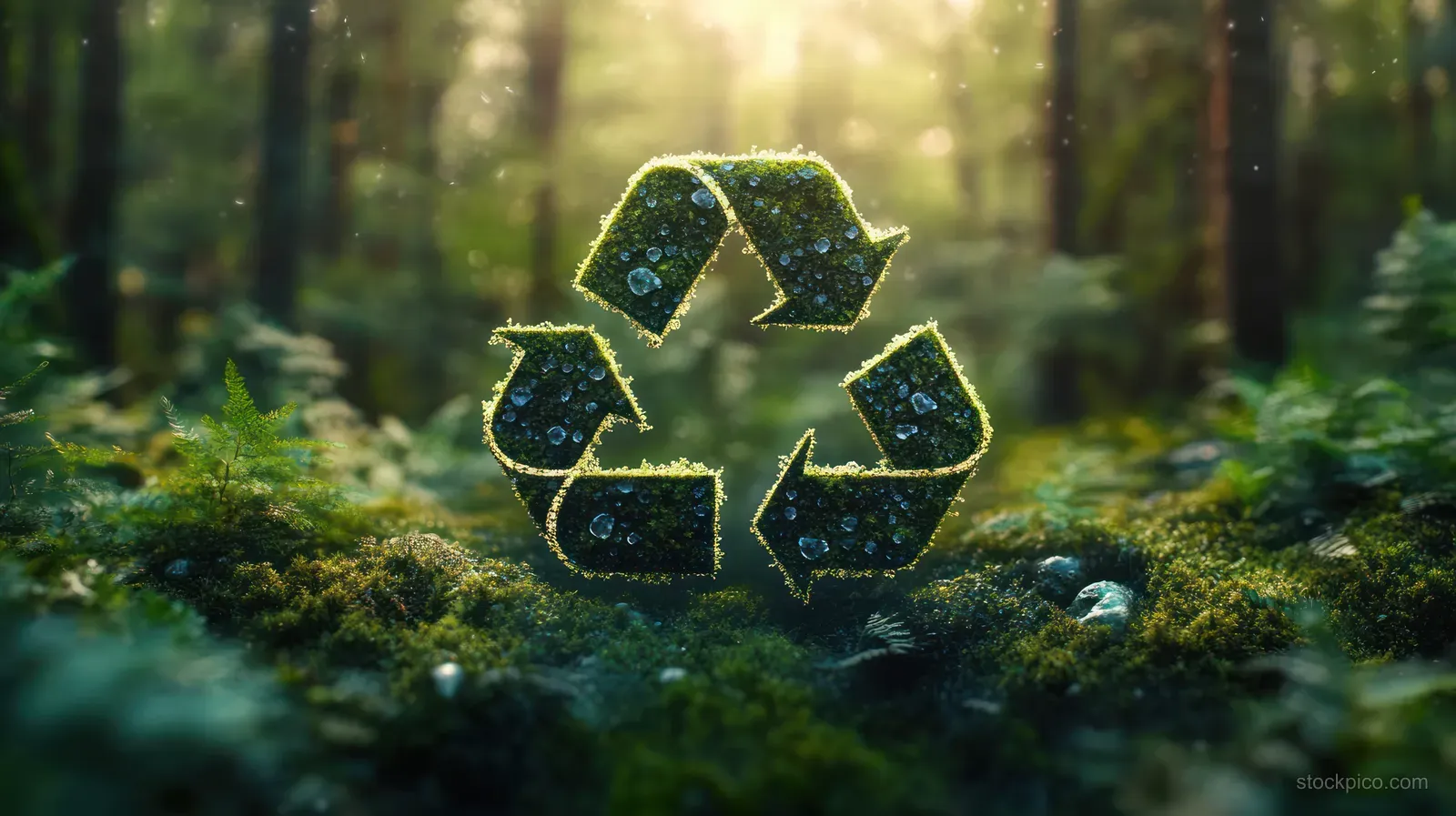 Glowing green recycle emblem covered with water droplets on a wet moss forest floor under soft sunlight.