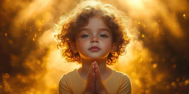 A young child prays with hands together under golden ethereal light rays.