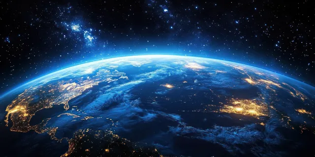 Earth viewed from space at night, glowing European city lights beneath a starry sky