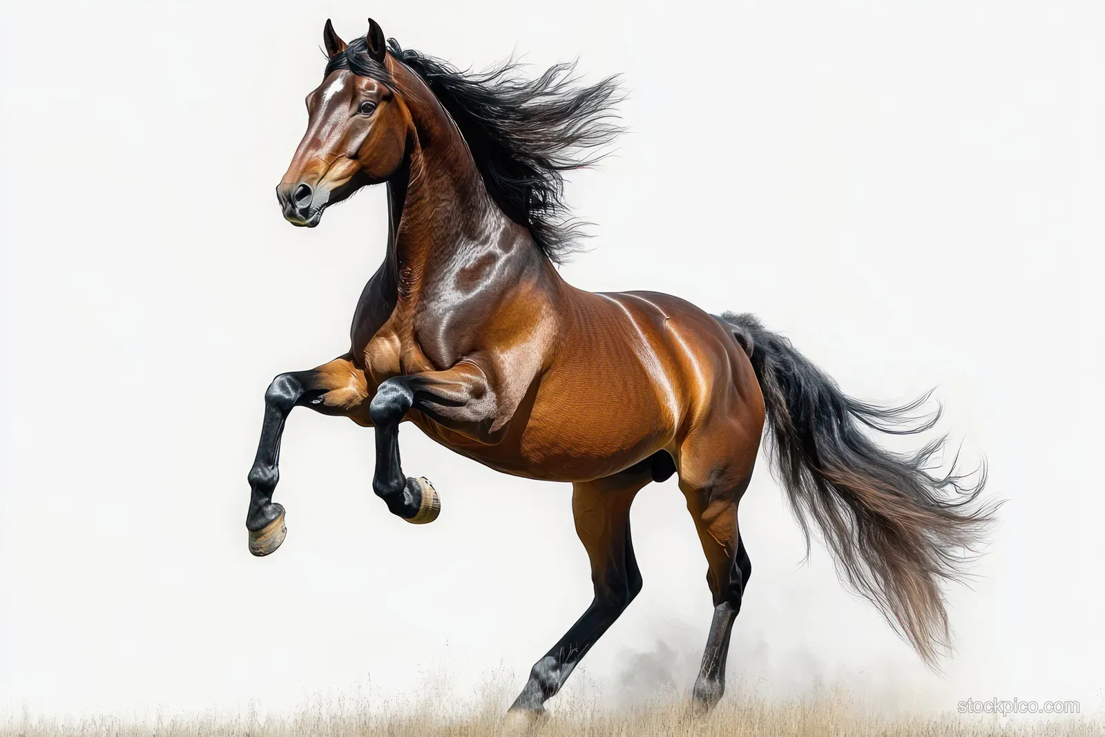 Brown horse rearing on a white background with flowing mane and tail and energetic motion.