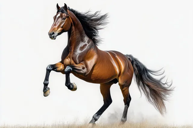Brown horse rearing on a white background with flowing mane and tail and energetic motion.
