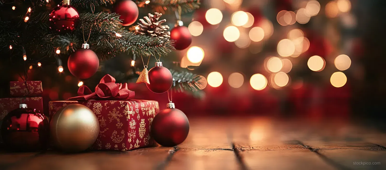 Decorated Christmas tree close-up with red and gold ornaments, pinecones, and wrapped gifts under warm bokeh lights.