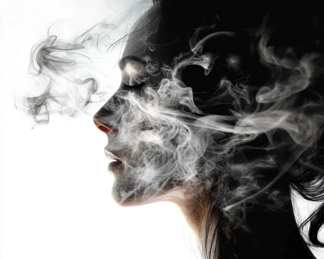 Side profile of a woman with closed eyes surrounded by swirling white smoke wisps.