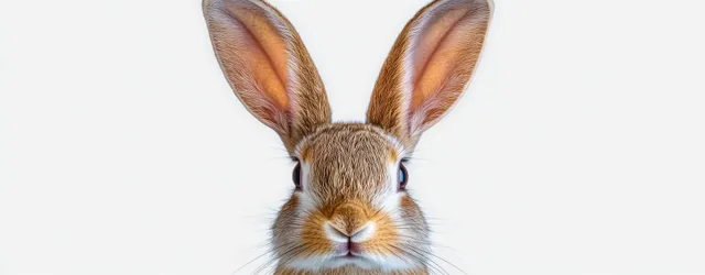 A close-up rabbit face with upright ears, detailed fur, and bright white background.