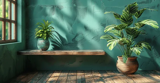 Green wall interior with a wooden shelf, terracotta potted plants, and sunlit shadows on wooden floorboards.