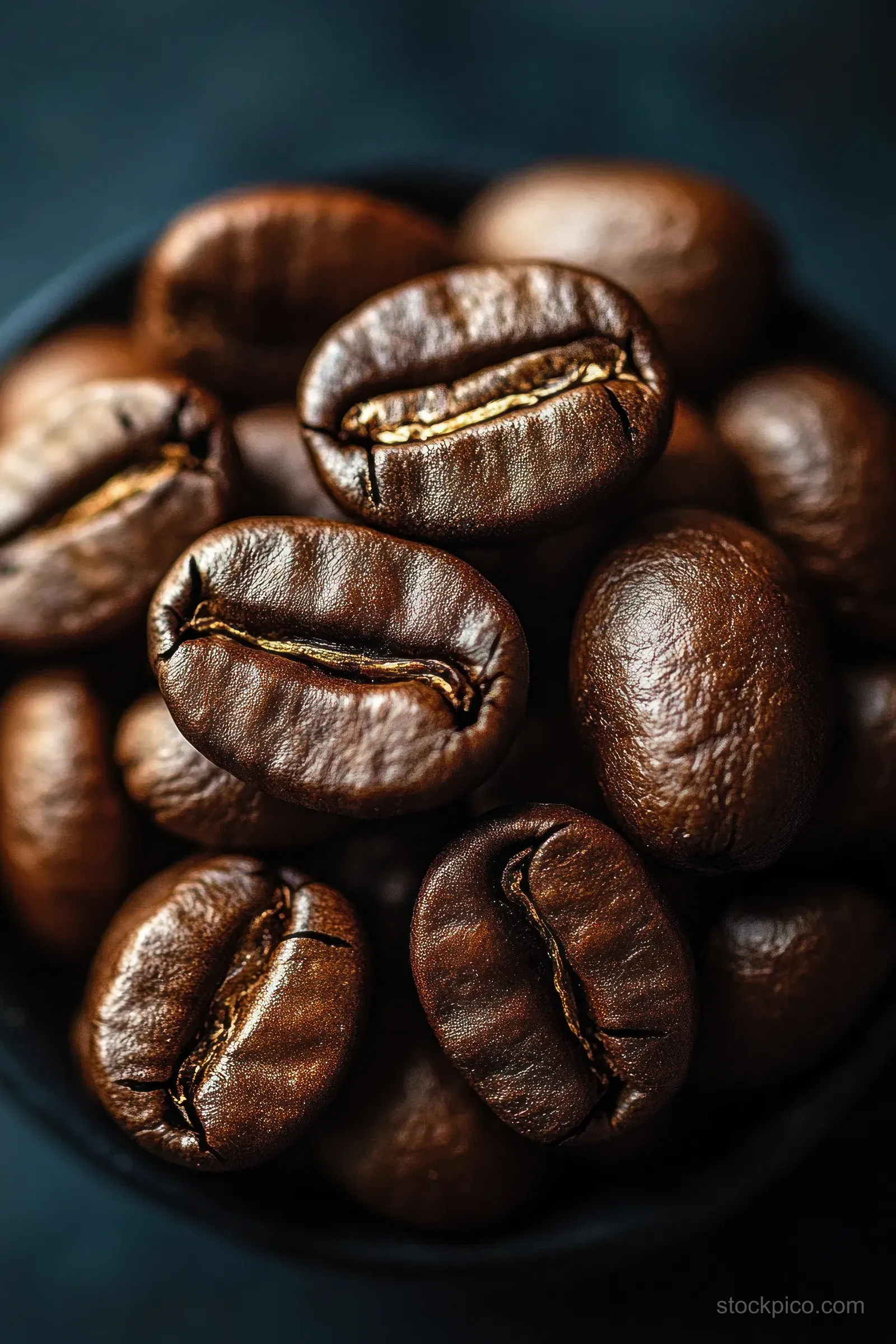 Roasted coffee beans piled in a bowl with visible glossy charred creases and rich brown color.
