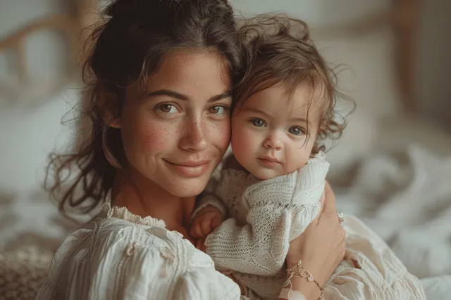 Young mother cradling newborn baby in soft light minimalist home, gentle smile