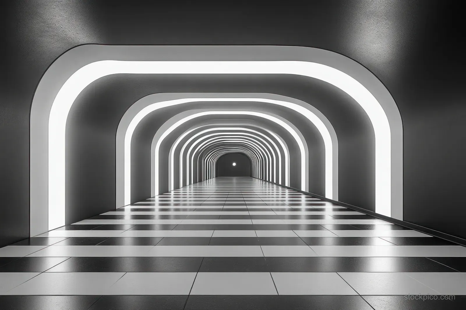 Dark corridor interior with concentric glowing arches, reflective tiled floor, and centered vanishing point.