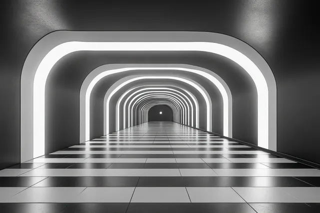 Dark corridor interior with concentric glowing arches, reflective tiled floor, and centered vanishing point.