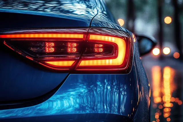 Blue car rear taillight glows on wet bodywork while blurred night city street lights reflect on the paint.