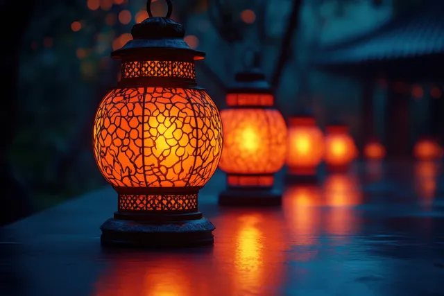 Warm lanterns glowing on a rainy cemetery path at night with soft bokeh lights