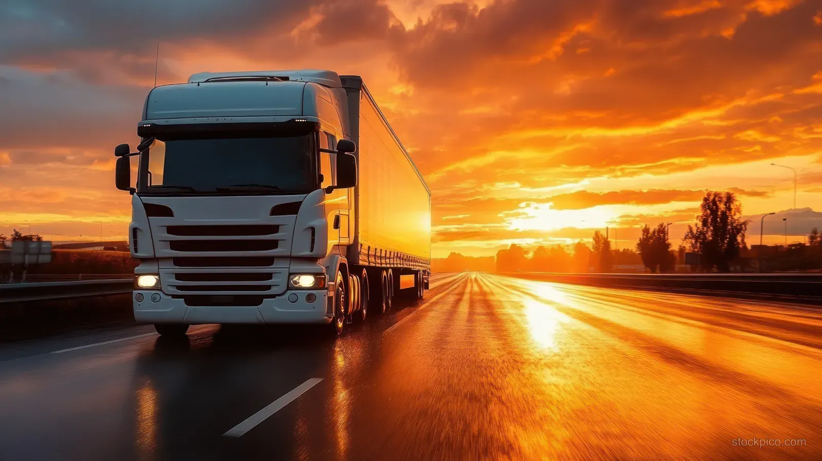 White cargo truck drives on a wet highway at sunset with orange reflections.