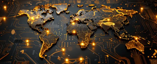 Golden world map connected by glowing traces covers a circuit board backdrop with networked points.