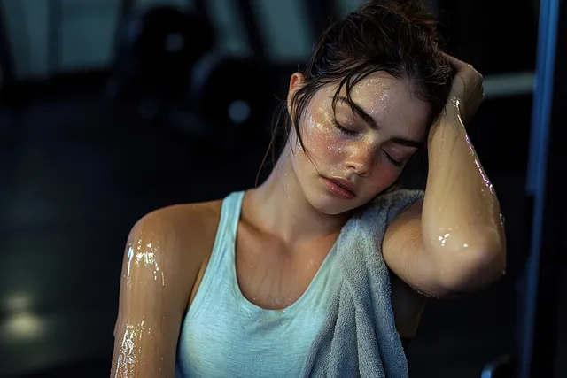 Contemplative gym woman wipes sweat and rests after intense workout with towel