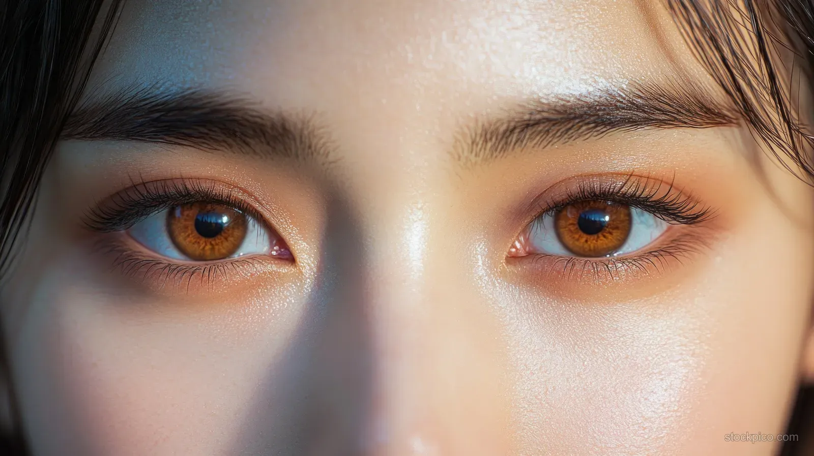 Close-up of a person’s amber eyes and smooth skin with a calm, focused gaze.