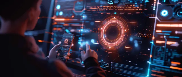A person interacts with a laptop and mobile as a holographic lock and security verification interface glow on a cyber dashboard.