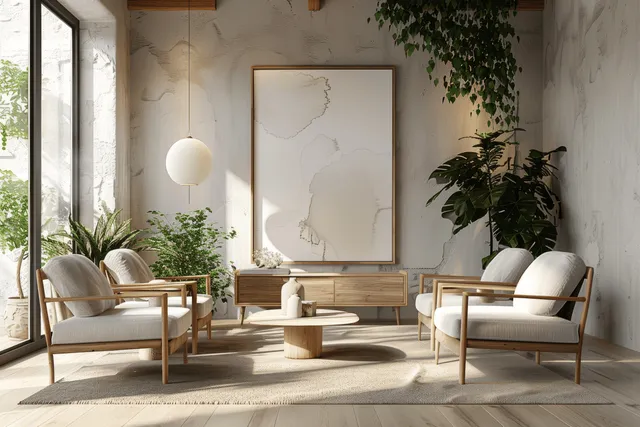 Scandinavian living room with wooden armchairs, floor lamp, and framed white poster mockup