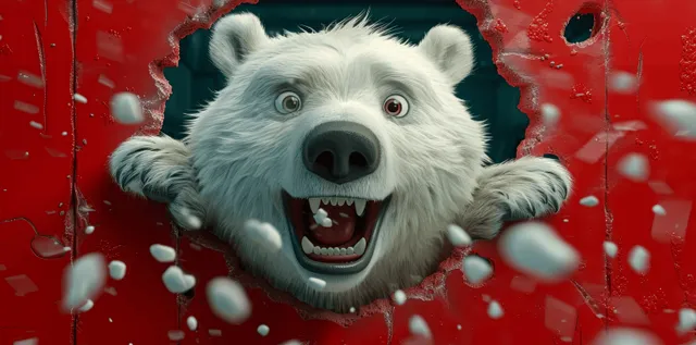 Cartoon polar bear bursting through a red wall, joyful face and big teeth