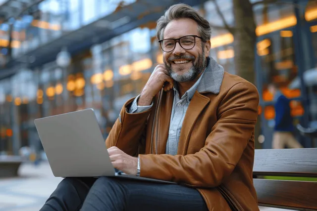Smiling businessman with glasses using laptop and phone while seated on bench outside office building