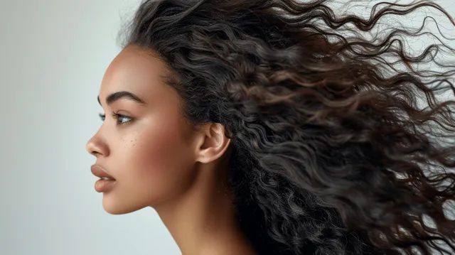 African American woman with wind-blown curly hair in a studio close-up with a light background.