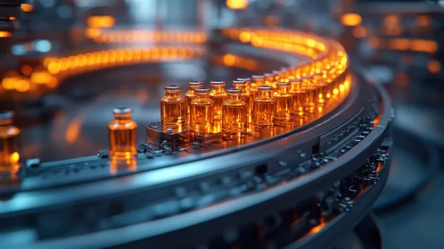 Rows of small glass ampoules sit on a glowing pharmaceutical conveyor line in a controlled factory workspace.