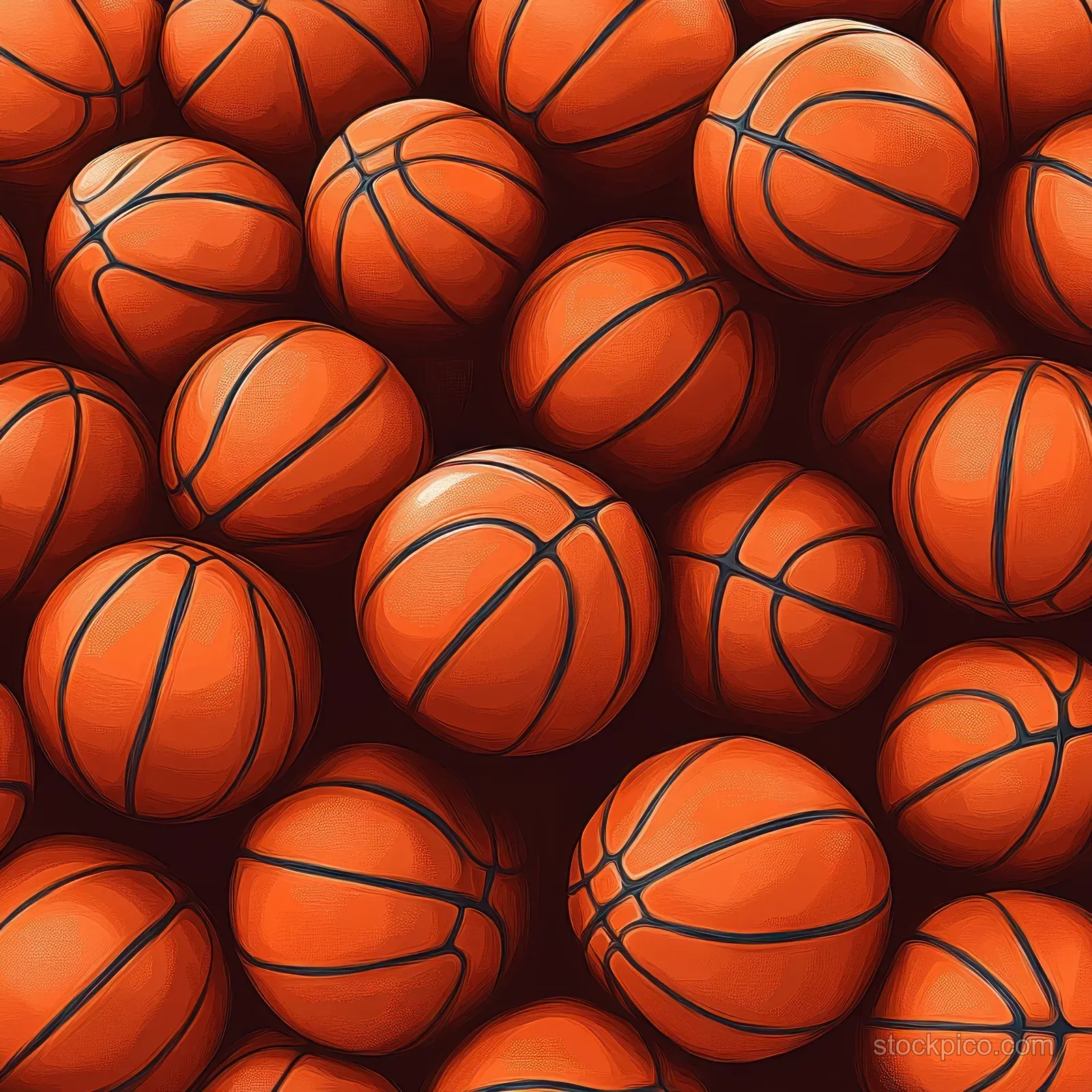 Top-down view of orange basketballs piled together with visible black seam lines and soft shadows.
