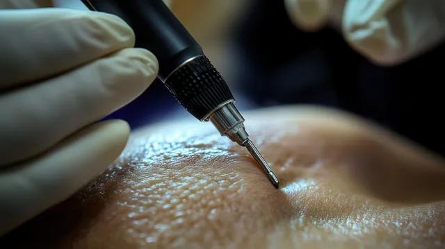 Gloved hands perform a close-up needle procedure on textured skin with a focused instrument tip.