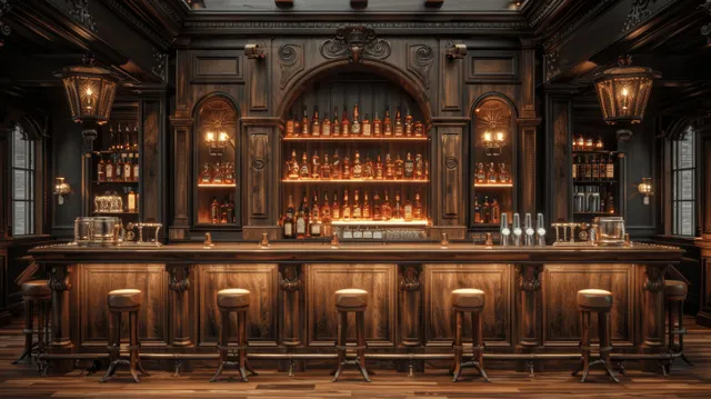 Classic bar interior with a wooden counter, leather stools lined up, and warm brass lantern lighting.