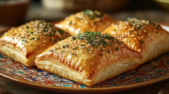 Four flaky golden pastries with sesame and herbs on a colorful patterned plate